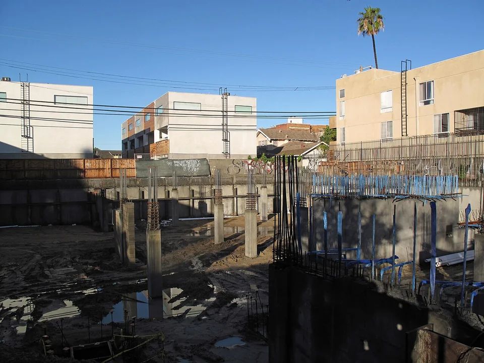 Steel reinforcement and concrete foundation works at a Los Angeles construction site