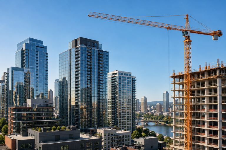 Illustrative city construction scene with a crane and modern buildings