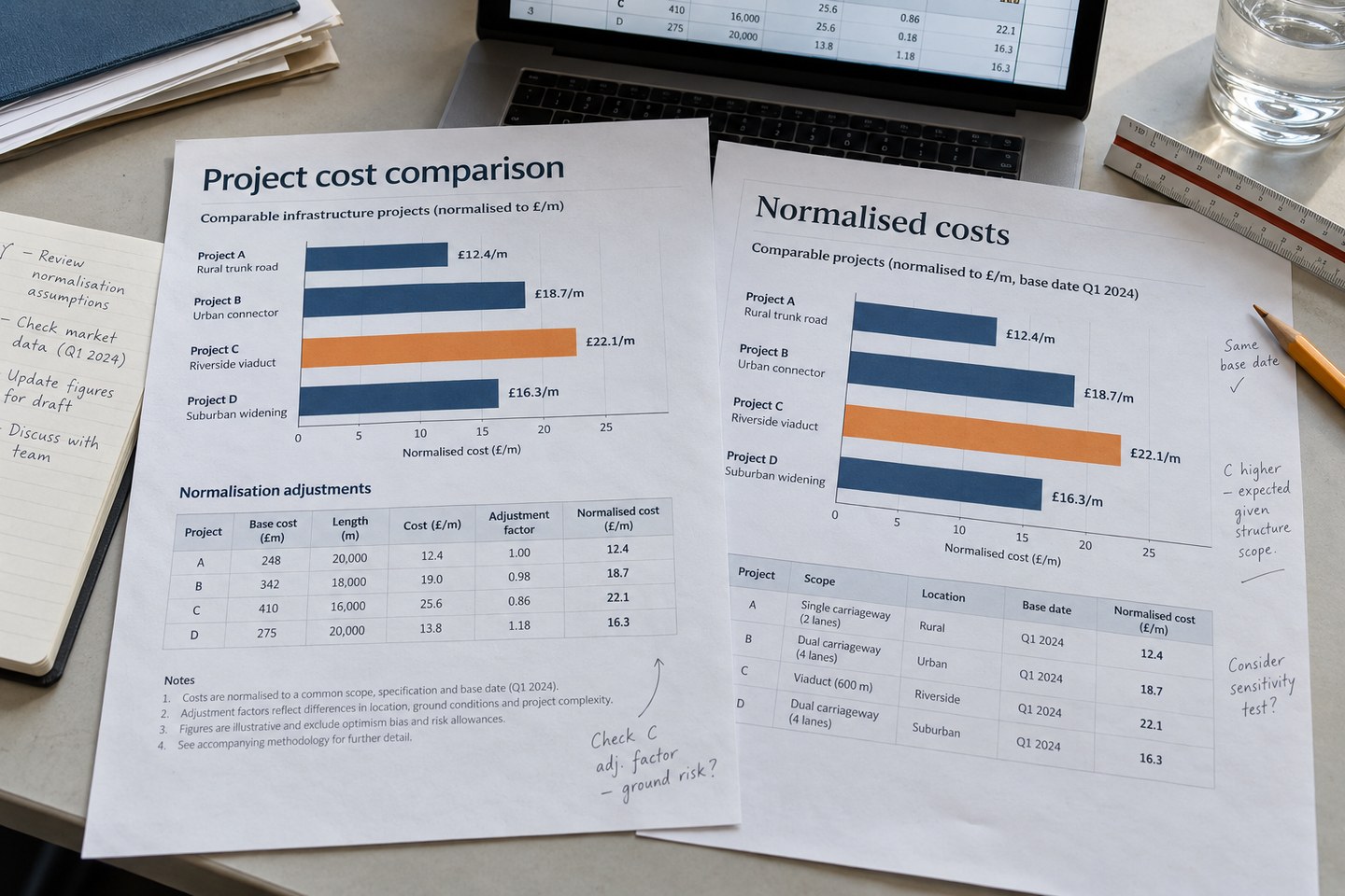 Illustrative scene: Comparable infrastructure cost reports with normalised cost charts and review notes.