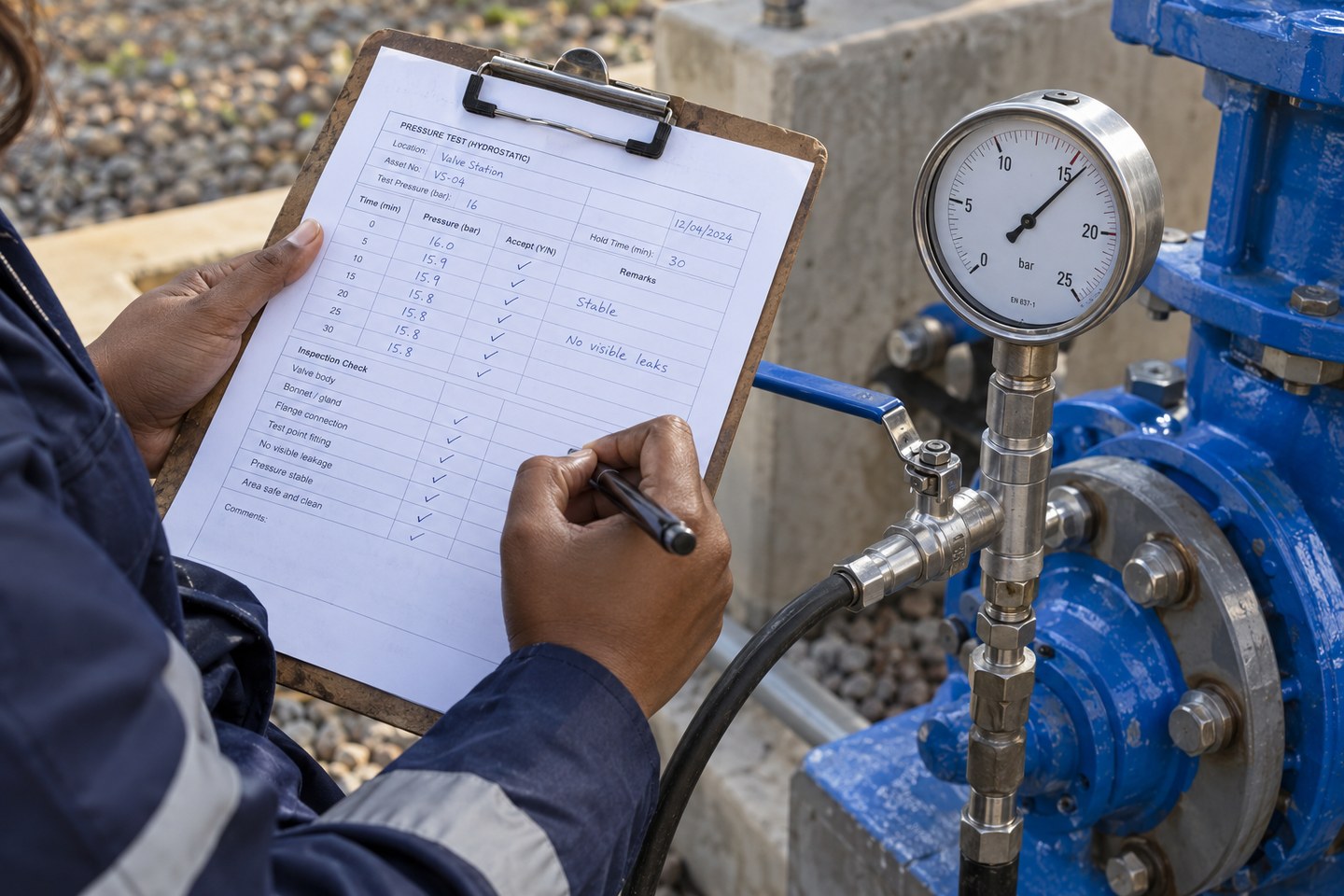 Illustrative scene: Technician recording acceptance checks beside a valve station pressure gauge.
