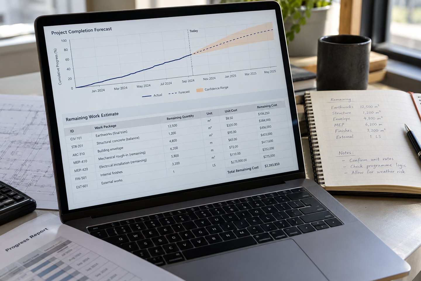 Illustrative scene: Laptop showing a completion forecast and remaining-work estimate beside a cost notebook.
