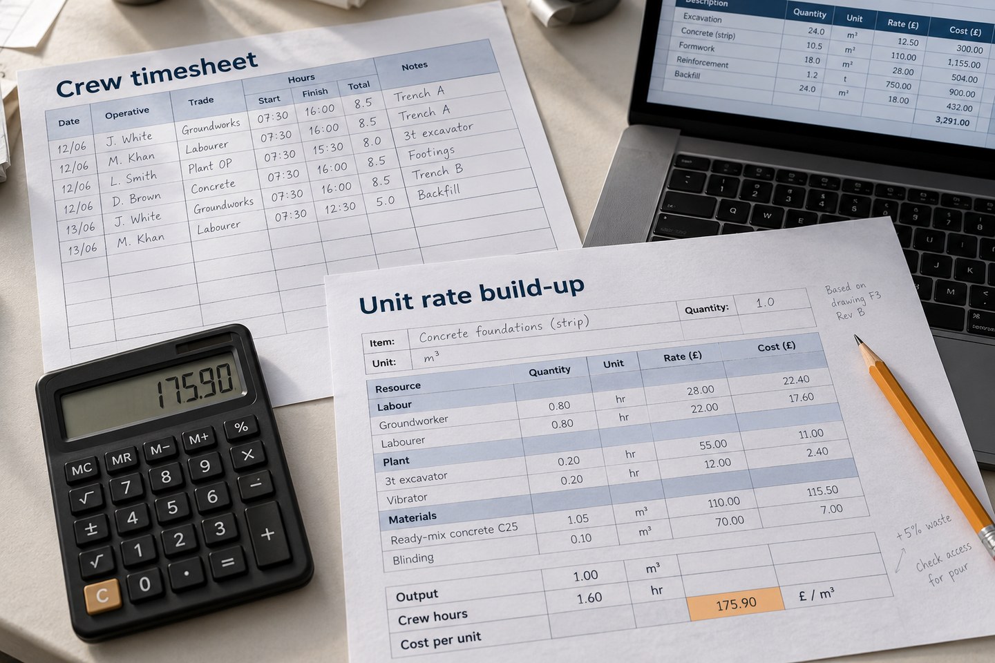 Illustrative scene: Crew timesheet and unit-rate build-up with calculator and estimating spreadsheet.
