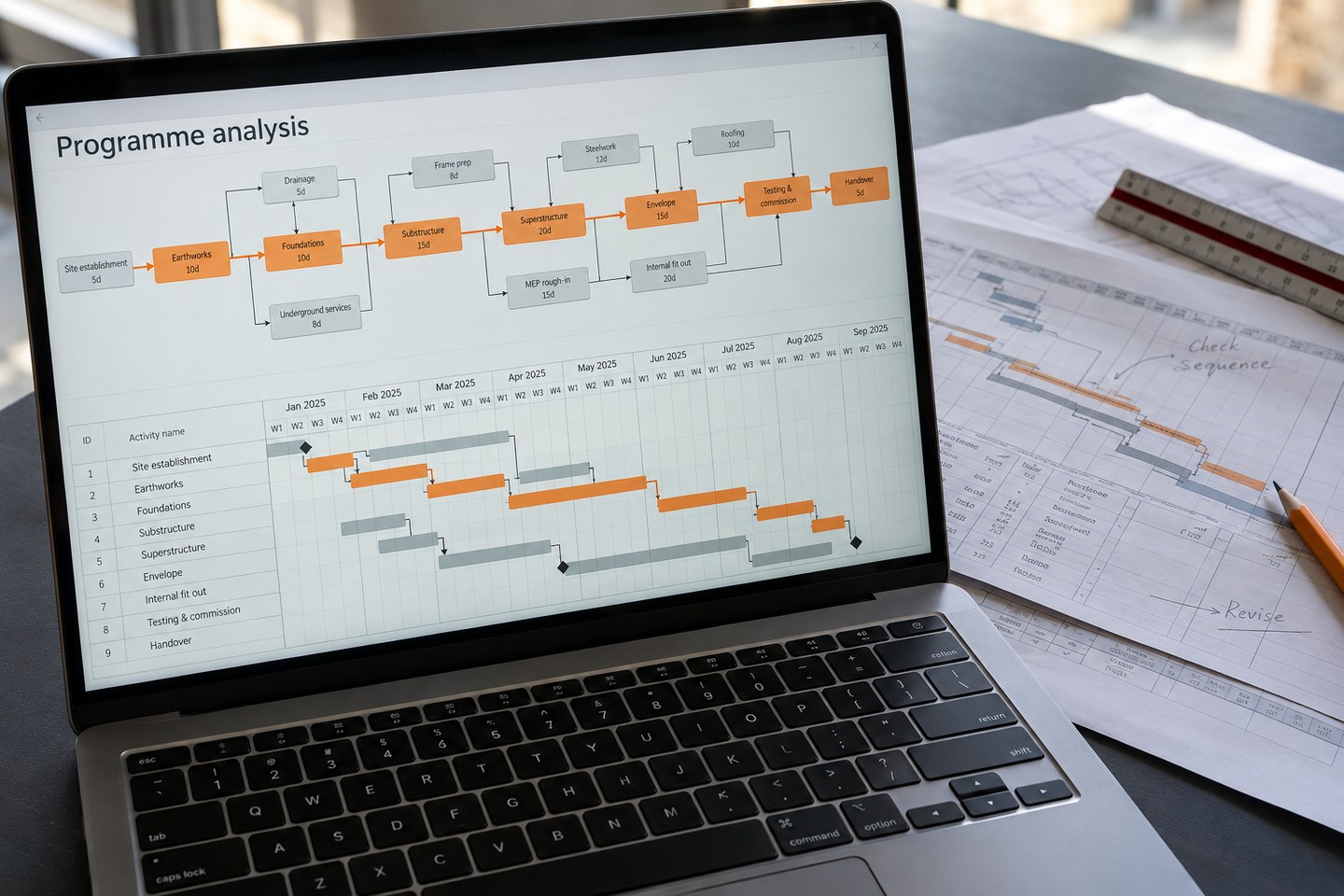 Illustrative scene: Laptop showing a construction activity network and linked programme, with an annotated printed schedule.