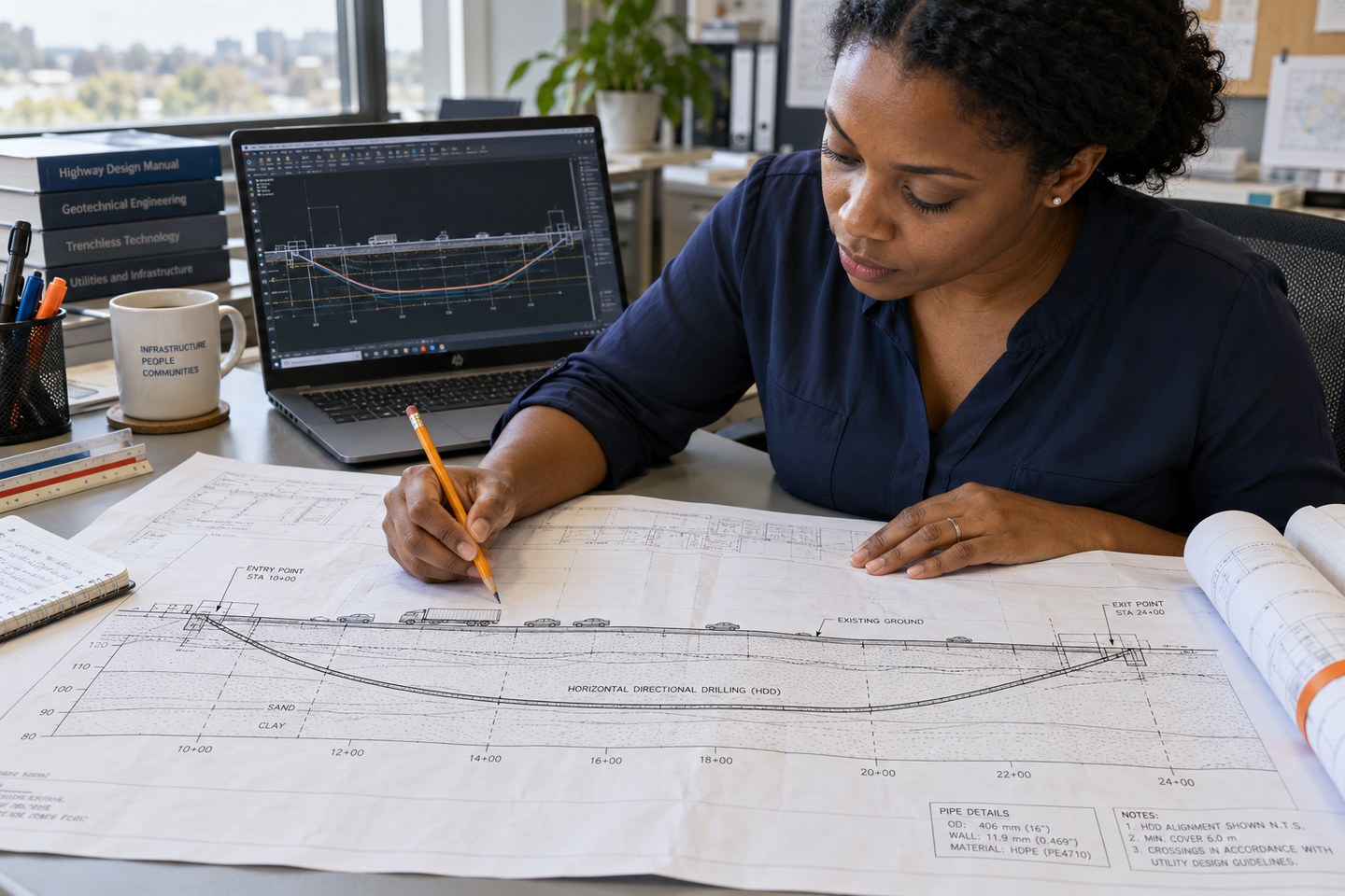 Illustrative scene: Civil engineer reviewing a road crossing design beside a CAD model.