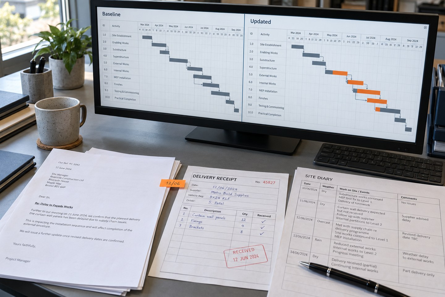Illustrative scene: Baseline and updated construction programmes beside dated correspondence, a delivery receipt and a site diary.