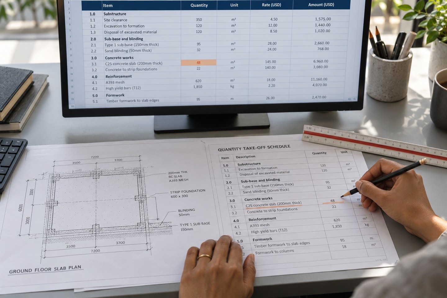 Illustrative scene: Cost reviewer checking a quantity take-off schedule and engineering drawing against an estimate spreadsheet.