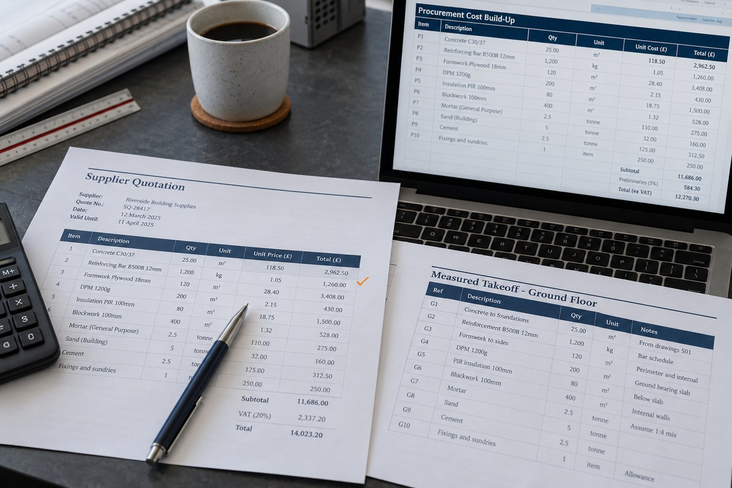 Illustrative scene: Supplier quotation, measured takeoff and procurement cost spreadsheet on a working desk.