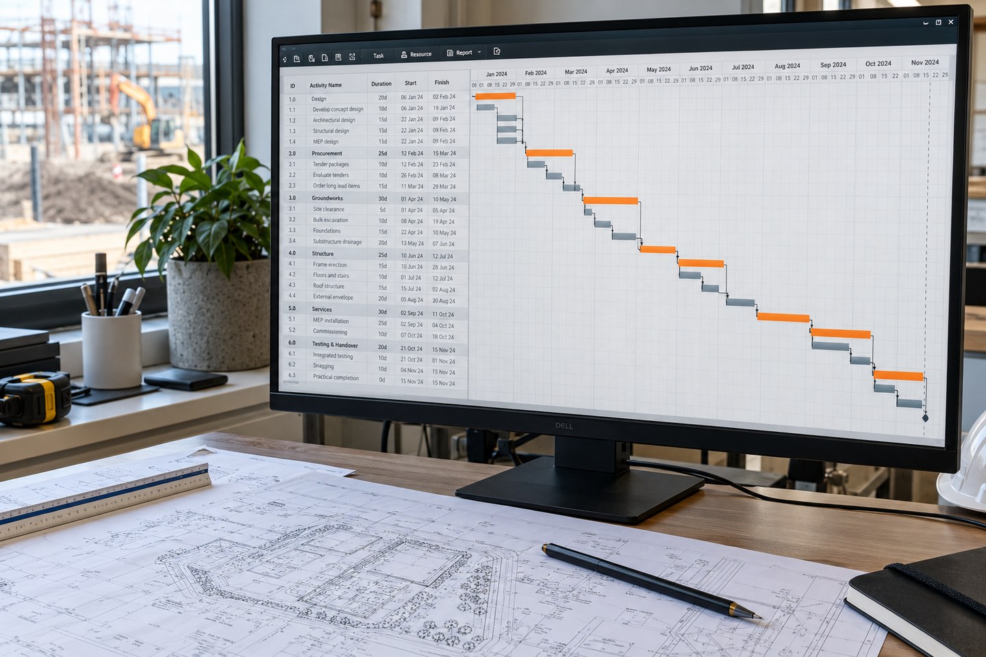 Illustrative scene: Construction planning workstation with a linked Gantt programme and civil engineering drawings.