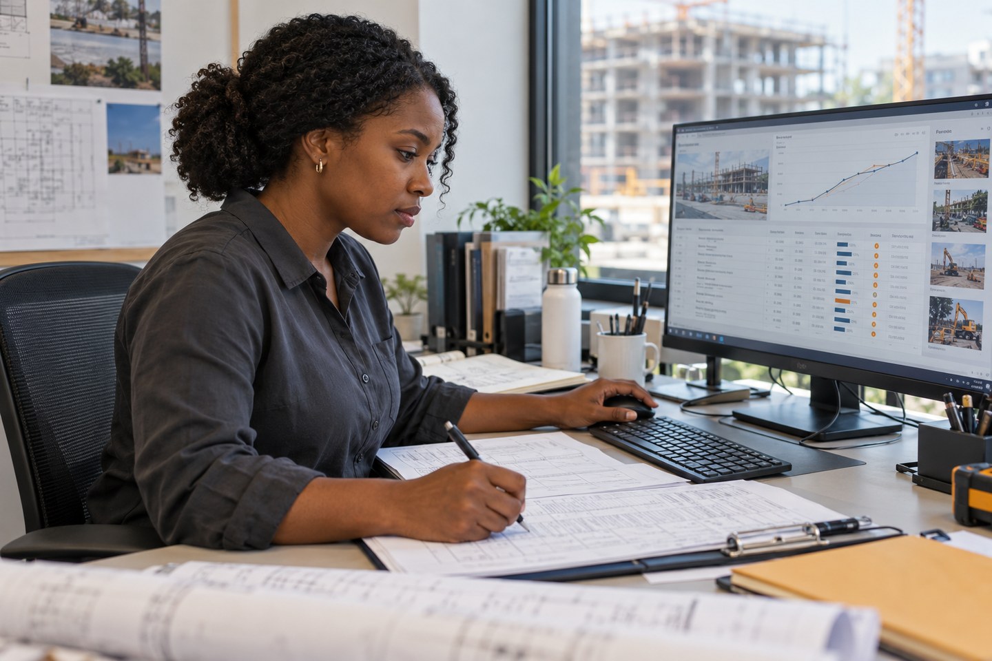 Illustrative scene: Project controls engineer checking recorded quantities against a progress dashboard.