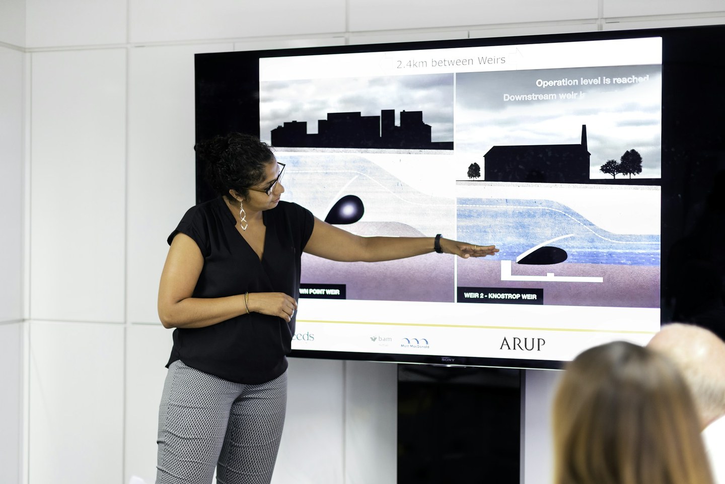 Civil engineer presenting alternative weir designs on a large screen