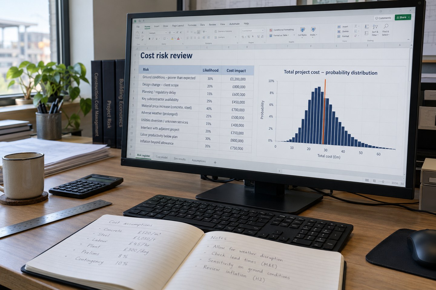Illustrative scene: Construction cost-risk register and probability distribution on an analyst’s monitor.