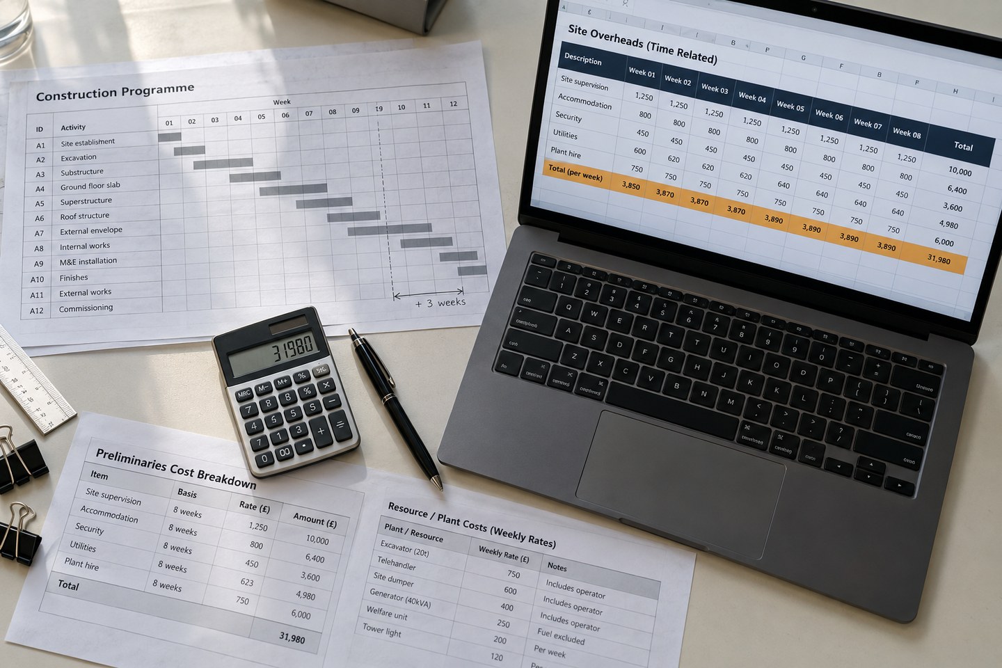 Illustrative scene: Weekly site overhead cost spreadsheet beside a printed construction programme and preliminaries cost breakdown.