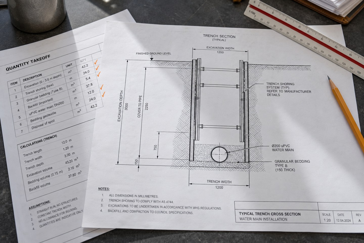 Illustrative scene: Trench section drawing with quantity takeoff worksheet and an engineer’s scale.